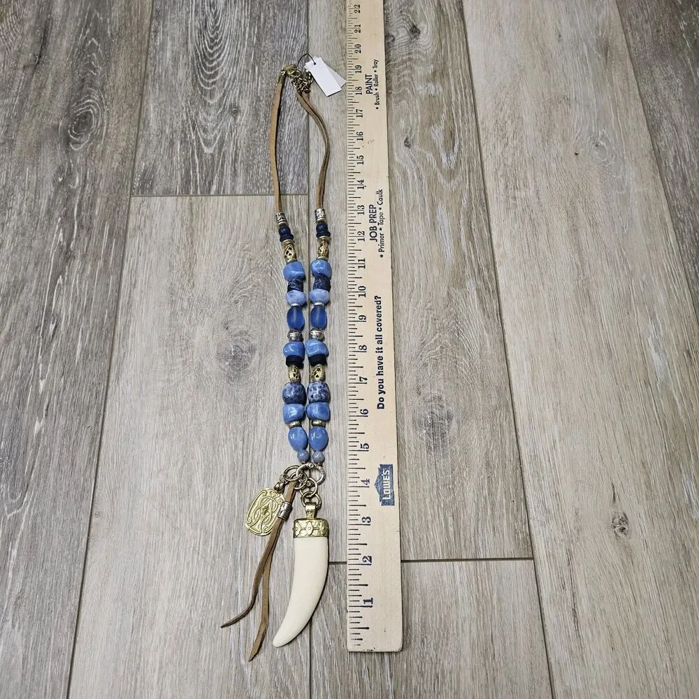 Chicos Long Statement Necklace Janet Blue Longhorn Pendant Beaded Leather Tassle